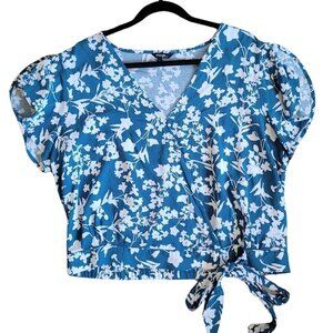 George Greenish-blue and white floral design top with tie at hem GUC